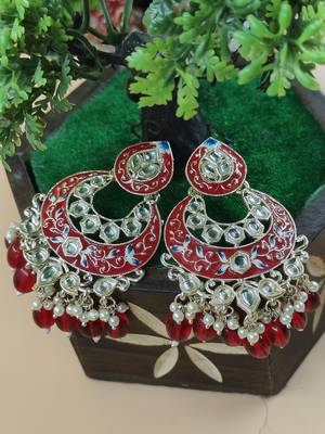   Gold Plated Traditional Handcrafted Pearl Kundan Beaded Chandbali Earrings for Wo  4