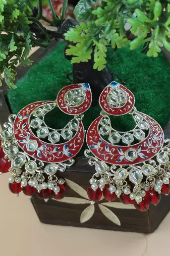   Gold Plated Traditional Handcrafted Pearl Kundan Beaded Chandbali Earrings for Wo 