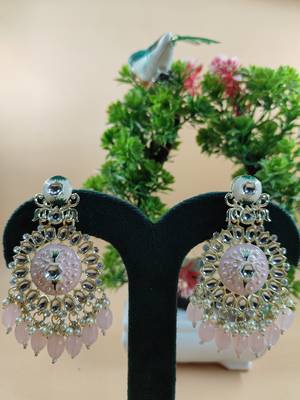   Baby Pink Beads, and Kundan Ethnic Earrings for Wo  - Lightweight Earrings 1