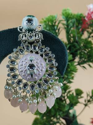   Baby Pink Beads, and Kundan Ethnic Earrings for Wo  - Lightweight Earrings 2