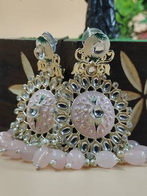   Baby Pink Beads, and Kundan Ethnic Earrings for Wo  - Lightweight Earrings 3