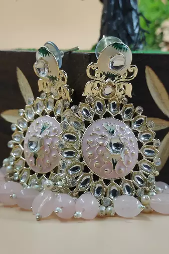   Baby Pink Beads, and Kundan Ethnic Earrings for Wo  - Lightweight Earrings