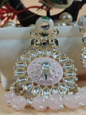  Baby Pink Beads, and Kundan Ethnic Earrings for Wo  - Lightweight Earrings 4