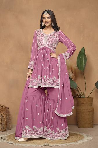 Faux georgette pink embroidered salwar kameez