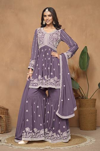 Faux georgette purple embroidered salwar kameez