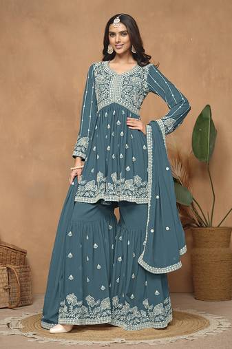 Faux georgette teal embroidered salwar kameez