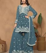 Faux georgette teal embroidered salwar kameez
