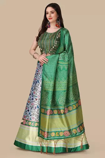 Green Digital Printed Embroidered Lehenga Choli Set With Dupatta