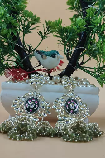   Long earrings with meenakari design and hanging pearls, traditional earrings