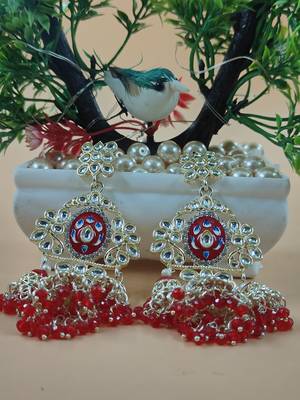   Long earrings with meenakari design and hanging pearls, traditional earrings 1