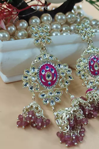   Long earrings with meenakari design and hanging pearls, traditional earrings
