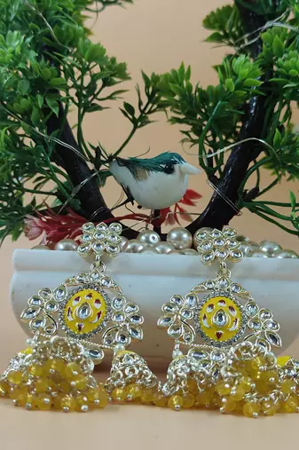  Long earrings with meenakari design and hanging pearls, traditional earrings