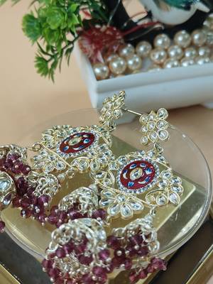   Long earrings with meenakari design and hanging pearls, traditional earrings 3