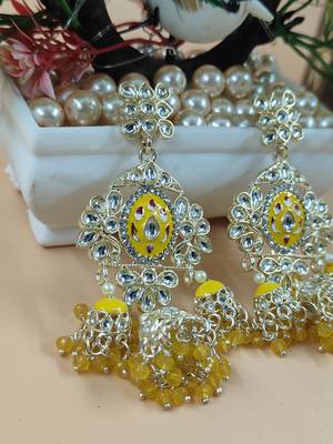   Long earrings with meenakari design and hanging pearls, traditional earrings 4