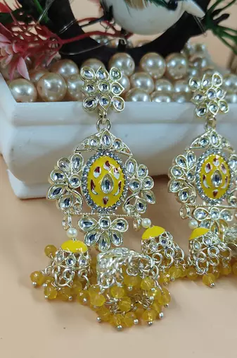   Long earrings with meenakari design and hanging pearls, traditional earrings