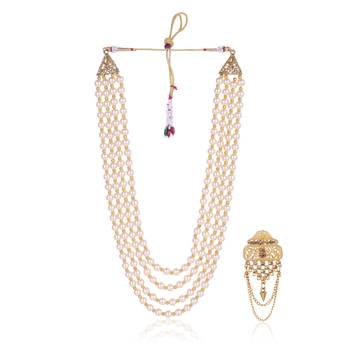   groom sherwani necklace moti mala layered for wedding | groom mala with brooch set 2