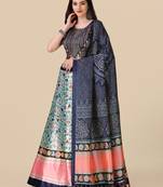 Navy Blue Satin Silk Lehenga Choli Set With Dupatta