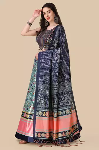 Navy Blue Satin Silk Lehenga Choli Set With Dupatta