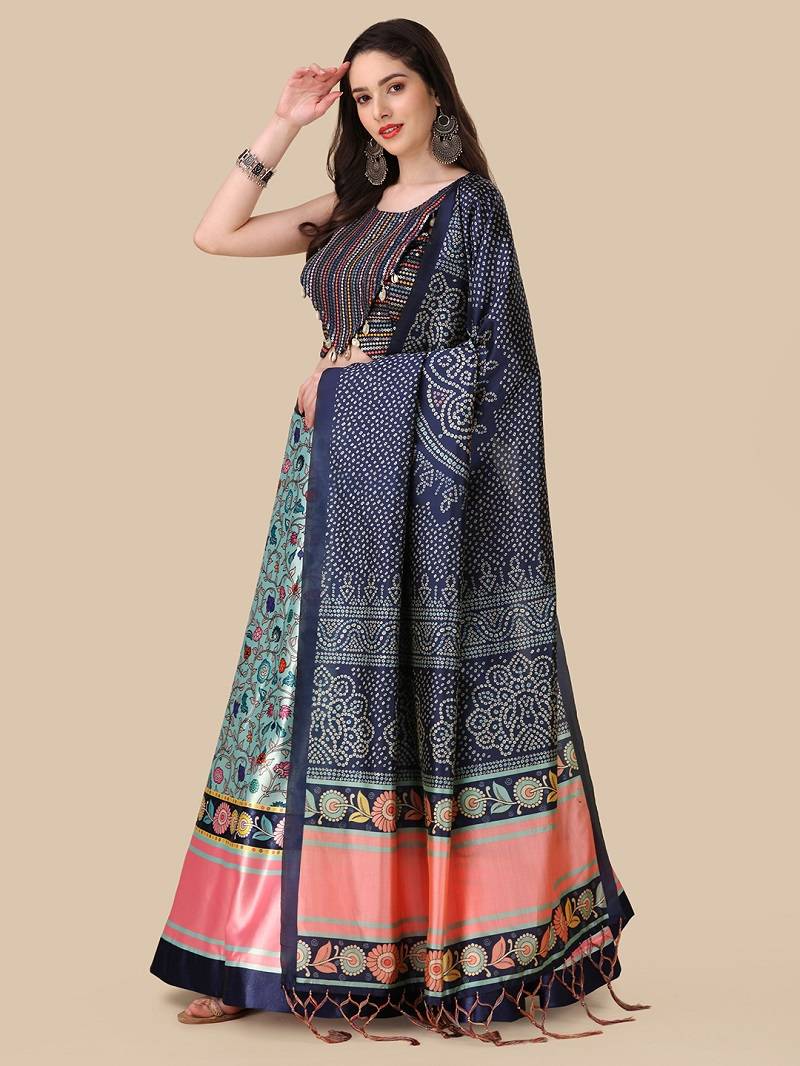 Navy Blue Satin Silk Lehenga Choli Set With Dupatta