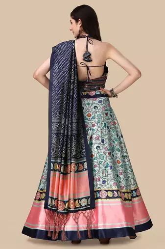 Navy Blue Satin Silk Lehenga Choli Set With Dupatta