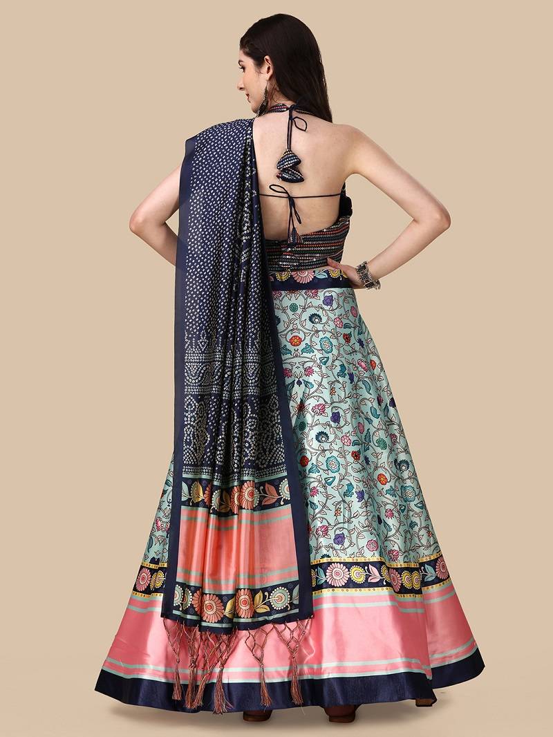 Navy Blue Satin Silk Lehenga Choli Set With Dupatta