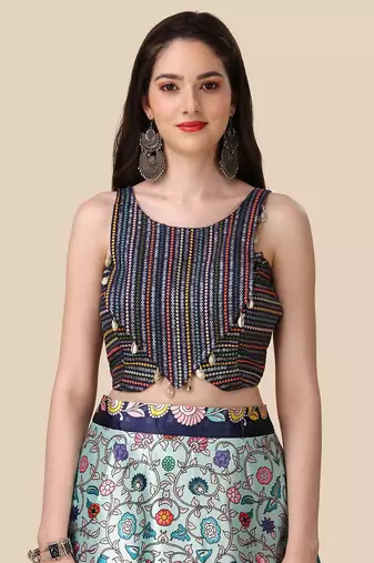 Navy Blue Satin Silk Lehenga Choli Set With Dupatta