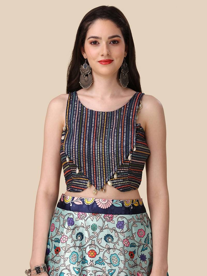 Navy Blue Satin Silk Lehenga Choli Set With Dupatta