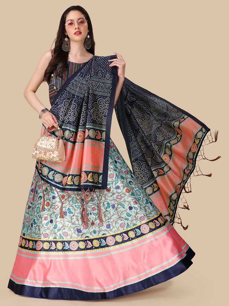 Navy Blue Satin Silk Lehenga Choli Set With Dupatta