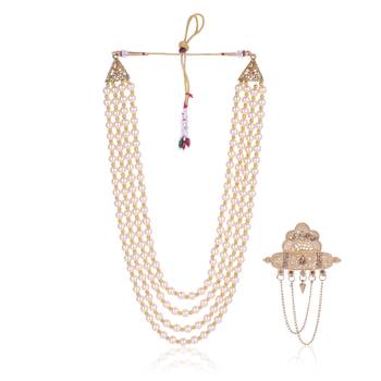  groom sherwani necklace moti mala layered for wedding | groom mala with brooch set 2