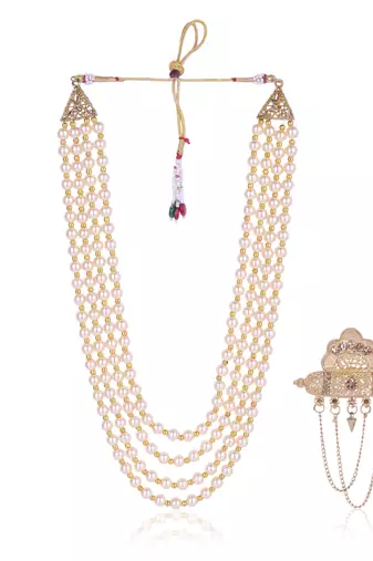   groom sherwani necklace moti mala layered for wedding | groom mala with brooch set