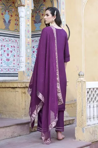 Vredevogel  women kurta and pant sets viscose rayon silk blend with neck handwork