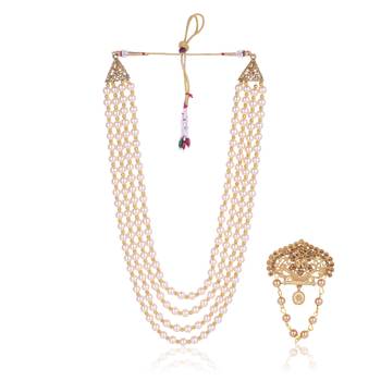   groom sherwani necklace moti mala layered for wedding | groom mala with brooch set 2