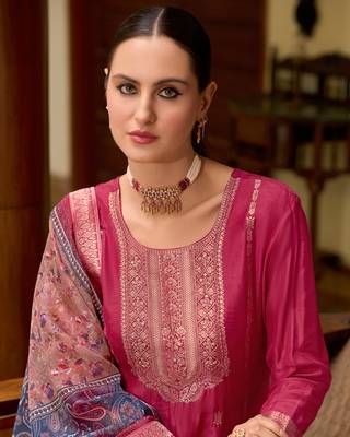 Vredevogel  viscose self jacquard women kurta and trouser duppata set 4