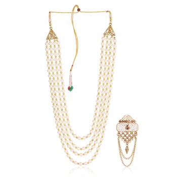   groom sherwani necklace moti mala layered for wedding | groom mala with brooch set 2