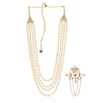   groom sherwani necklace moti mala layered for wedding | groom mala with brooch set 2