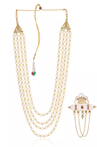   groom sherwani necklace moti mala layered for wedding | groom mala with brooch set
