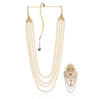   groom sherwani necklace moti mala layered for wedding | groom mala with brooch set 2