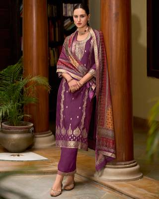 Vredevogel  viscose self jacquard women kurta and trouser duppata set 1