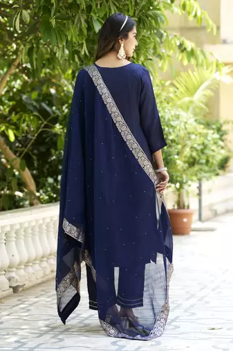 Vredevogel  women kurta and pant sets viscose rayon silk blend with neck handwork