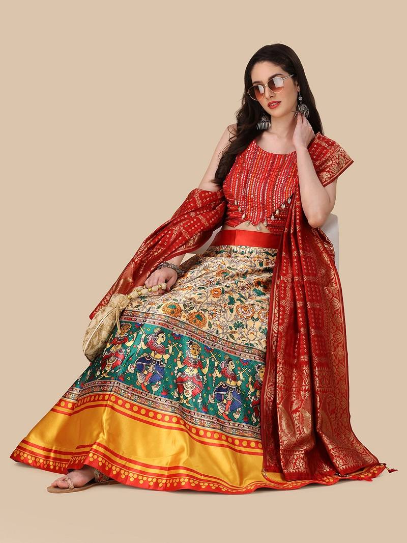 Red Digital Printed Lehenga Choli Set With Dupatt