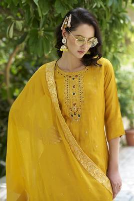 Vredevogel  women kurta and pant sets viscose rayon silk blend with neck handwork 3