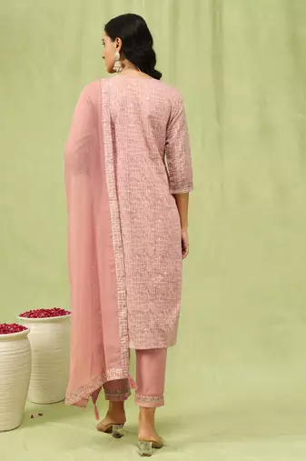 Vredevogel  women kurta and trouser duppata set with embroidery cotton blend