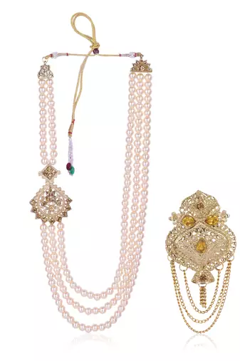   groom sherwani necklace moti mala layered for wedding | groom mala with brooch set