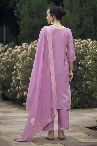 Vredevogel  women kurta and pant sets viscose rayon silk blend with neck handwork