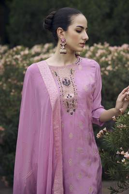 Vredevogel  women kurta and pant sets viscose rayon silk blend with neck handwork 3