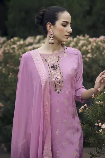 Vredevogel  women kurta and pant sets viscose rayon silk blend with neck handwork