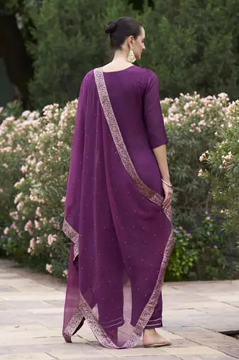Vredevogel  women kurta and pant sets viscose rayon silk blend with neck handwork