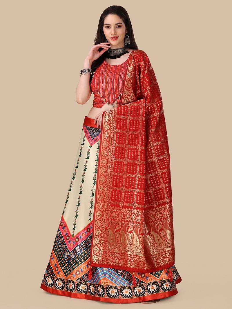 Red Digital Printed Lehenga Choli Set With Dupatt