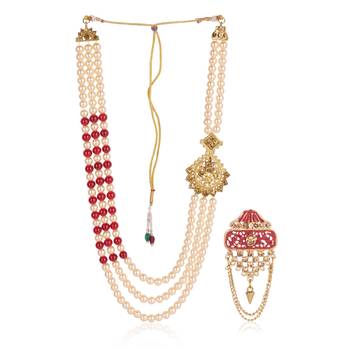   groom sherwani necklace moti mala layered for wedding | groom mala with brooch set 2