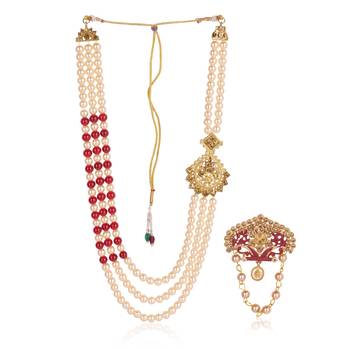   groom sherwani necklace moti mala layered for wedding | groom mala with brooch set 2
